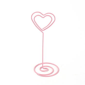 Iron Name Card Holder, Wooden Chassis with Iron Swirl Wire Clip, for Desktop, Party Decoration, Heart, Pink, 40x101mm