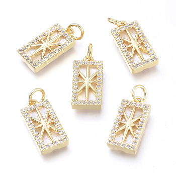 Brass Micro Pave Cubic Zirconia Pendants, with Jump Rings & Natural Shell, Long-Lasting Plated, Cadmium Free & Lead Free & Nickel Free, Rectangle with Star, Clear, Real 18K Gold Plated, 16x8x3mm, Hole: 3.4mm