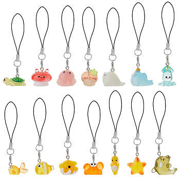 14Pcs Resin Mobile Straps, Marine Theme, Mixed Color, 85~95mm, 14pcs/set