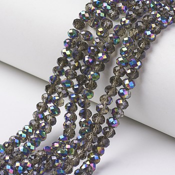 Electroplate Transparent Glass Beads Strands, Half Multi-color Plated, Faceted, Rondelle, Dark Gray, 6x5mm, Hole: 1mm, about 85~88pcs/strand, 16.1~16.5 inch(41~42cm)