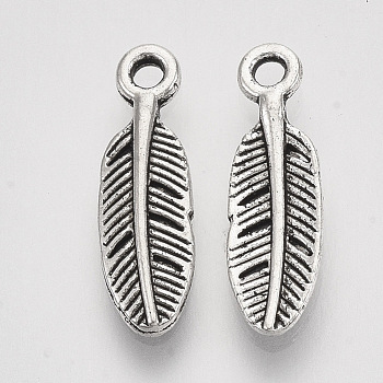 Tibetan Style Alloy Charms, Feather, Cadmium Free & Lead Free, Antique Silver, 12x4x1.5mm, Hole: 1.2mm