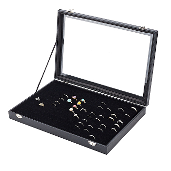 100 Slot Rectangle Dustproof Wood Jewelry Presentation Box, Glass Window Jewelry Storage Case with Plush Inside, for Rings, Earrings, Black, 35.3x24.3x4.4cm