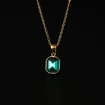 Glass Rectangle Pendant Necklace with Golden Stainless Steel Chains, Green, 17.72 inch(45cm)