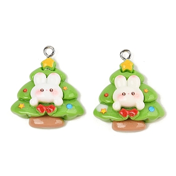 Christmas Theme Rabbit Opaque Resin Pendants, with Platinum Iron Loop, Christmas Tree, 27.5x24x8.5mm, Hole: 2mm