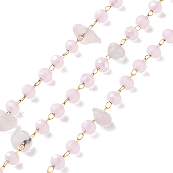 304 Stainless Steel Link Chains, Soldered, with Crystal and Natural Rose Quartz, with Spool, Ion Plating(IP), Real 18K Gold Plated, 4x7.5x3.5mm, about 32.81 Feet(10m)/Roll