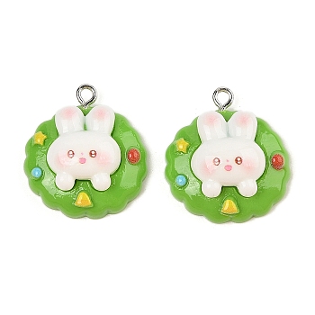 Christmas Theme Rabbit Opaque Resin Pendants, with Platinum Iron Loop, Christmas Wreath, 24.5x22.5x9.5mm, Hole: 1.8mm