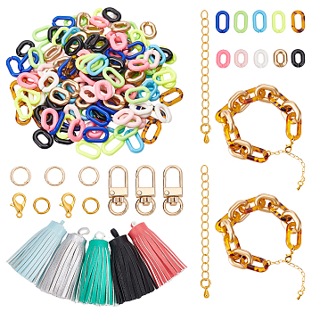 PandaHall Elite DIY Curb Chain Bracelet Keychain Making Kit, Including Acrylic Linking Rings, Alloy Clasps, PU Leather Tassel Big Pendants, Mixed Color, 222Pcs/box