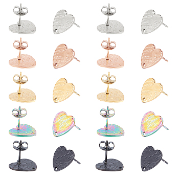 Unicraftale 30Pcs 5 Colors Heart Shape with Textured Vacuum Plating 304 Stainless Steel Stud Earring Findings, with Ear Nuts/Earring Backs and Hole, Mixed Color, 12x13x1mm, Pin: 0.8mm, 6pcs/color