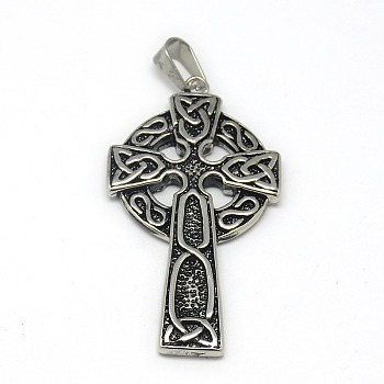 Fashionable Retro 304 Stainless Steel Cross with Ring Pendants, Antique Silver, 60x31x4mm, Hole: 6.5x11mm