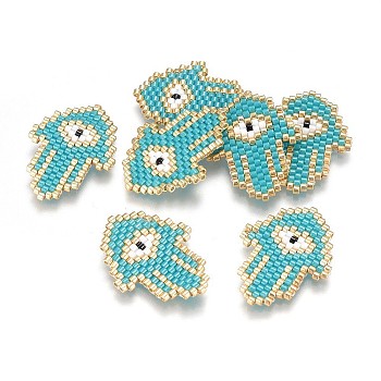 Handmade Japanese Seed Beads, with Japan Import Thread, Loom Pattern, Hamsa Hand with Eye, Cyan, 27x20x2mm