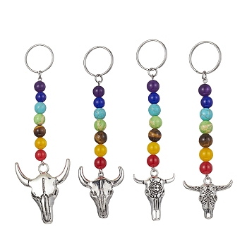 Tibetan Style Alloy Bull Head Kcychain, with Chakra Gemstone Bead and Stainless Steel Findings, 107~122mm, 4pcs/set