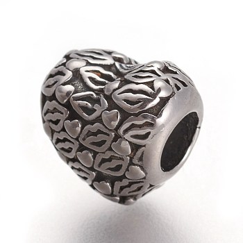 Retro 316 Surgical Stainless Steel European Style Beads, Large Hole Beads, Heart with Lip, Antique Silver, 10.5x11.5x8.5mm, Hole: 4.5mm