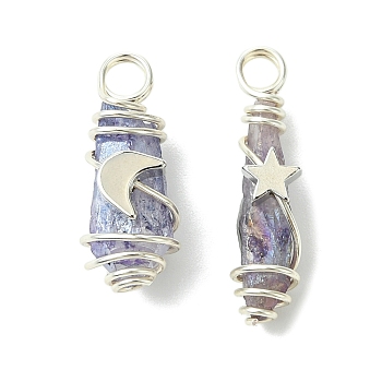 2Pcs Electroplated Natural Quartz Crystal Dyed Copper Wire Wrapped Pendants, Teardrop Charms with Brass Star & Moon, Platinum, Sky Blue, 28~37x9.5~15.5x7.5~16mm, Hole: 3.5~4mm