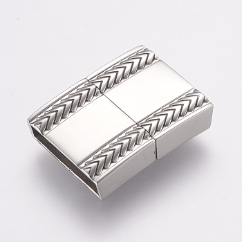 304 Stainless Steel Magnetic Clasps with Glue-in Ends, Smooth Surface, Rectangle with Chevron, Stainless Steel Color, 27x20x6.5mm, Hole: 4.5x18mm