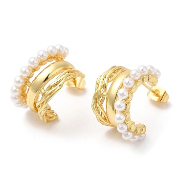 Brass Arch Stud Earrings with Plastic Pearl Beaded, Lead Free & Cadmium Free, Real 18K Gold Plated & Gunmetal, 21x12.5mm