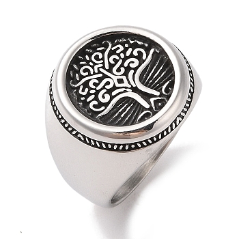 304 Stainless Steel Round with Tree of Life Signet Rings for Men, Antique Silver, 21.5mm, US Size 9(18.9mm)