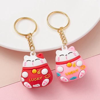 PVC Plastic Keychains, with 304 Stainless Steel & Iron Findings, Maneki Neko, Mixed Color, 8.9cm