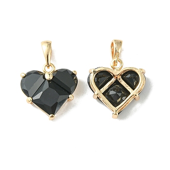 Brass Micro Pave Cubic Zirconia Charms, Heart Charm, Real 18K Gold Plated, Black, 14.5x13.5x5mm, Hole: 3x2.5mm