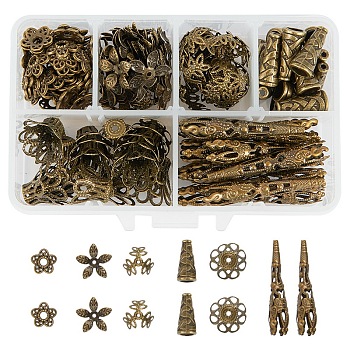 Tibetan Style Alloy and Iron Bead Caps, Multi-Petal, Antique Bronze, 18x18x8mm, Hole: 1mm, 15pcs, 15x2mm, Hole: 2mm, 50pcs, 13x4mm, Hole: 1mm, 30pcs, 12x11.5x3mm, Hole: 3mm, 50pcs, 41x8mm, Hole: 1mm, 15pcs, 17x11mm, Hole: 2mm, 20pcs, Plastic Boxes: 11x7x3cm