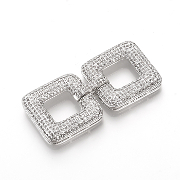 Brass Micro Pave Cubic Zirconia Fold Over Clasps, Square, Platinum, 50x24x5mm, Hole: 11x11mm