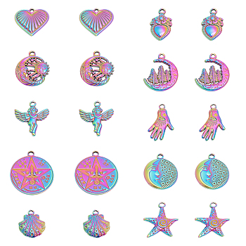 20Pcs 10 Styles 304 Stainless Steel Pendants, Angel & Starfish & Shell, Rainbow Color, 17.5~28.5x13~25x2~2.5mm, Hole: 1.8~2.5mm, 2pcs/style