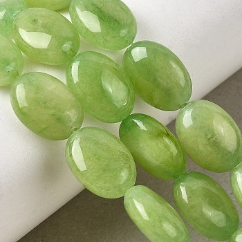 Natural Jade Beads Strands, Dyed, Smooth Flat Oval, Light Green, 14x10~10.5x6~6.5mm, Hole: 1mm, about 29pcs/strand, 15.94''(40.5cm)
