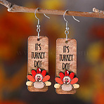 Turkey Pattern Wood Dangle Earrings, Rectangle, 65x20mm(FS-WGDB545-01)