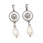 Natural Cultured Freshwater Pearl Rice Tassel Pendants, Brass Micro Pave Clear Cubic Zirconia and Natural Shell Flat Round Charms, White, Platinum, 38x12.5x7.5mm, Hole: 6x2.5mm(PALLOY-JF05741-02)