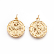 Brass Pendants, Lead Free & Cadmium Free, Flat Round with Cross, Matte Gold Color, 18.5x16x2mm, Hole: 3.5mm(KK-O118-13MG)