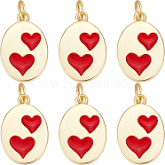 Real 18K Gold Plated Brass Charms, with Enamel and Jump Rings, Long-Lasting Plated, Oval with Heart, Red, 15.3x10.3x1.5mm, Hole: 3mm, 6pcs/box(KK-BBC0012-35)