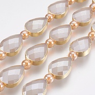 Electroplate Glass Beads Strands, Faceted, with Golden Tone Brass Edge, Full Plated, Teardrop & Round, Rosy Brown, 18x12.5~13x7~7.5mm, Hole: 1mm, about 10pcs/strand, 9 inch(23cm)(EGLA-I008-04G)