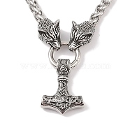 304 Stainless Steel Wolf Head King Wheat Chain Viking Mjolnir Thor Hammer Pendant Necklaces for Men, Antique Silver, 23.43 inch(59.5cm)(NJEW-K278-05AS)