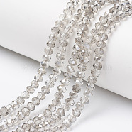Electroplate Transparent Glass Beads Strands, Half Gray Plated, Faceted, Rondelle, Clear, 4x3mm, Hole: 0.4mm, about 123~127pcs/strand, 16.5~16.9 inch(42~43cm)(EGLA-A034-T4mm-E15)