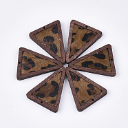 Eco-Friendly Cowhide Leather Pendants, with Dyed Wood, Triangle with Leopard Print, Chocolate, 35x27x4mm, Hole: 1.4mm(FIND-S301-29C-04)