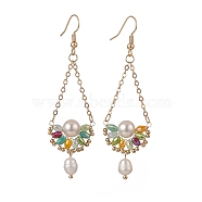 Natural Pearl & Glass Teardrop with Flower Dangle Earrings, Golden Brass Jewelry for Women, Colorful, 74mm, Pin: 0.5mm(EJEW-TA00222-03)