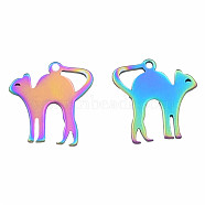 Ion Plating(IP) 201 Stainless Steel Charms, Halloween Style, Cat, Rainbow Color, 14.5x14.5x1mm, Hole: 1mm(STAS-N098-079M)