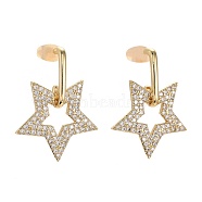Brass Micro Pave Clear Cubic Zirconia Dangle Stud Earrings, with Ear Nuts, Star, Real 18K Gold Plated, 29mm, Pin: 0.7mm(EJEW-F256-03G)