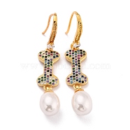 Bone with Imitation Pearl Beads Sparkling Cubic Zirconia Dangle Earrings for Her, Real 18K Gold Plated Brass Earrings, Colorful, 49mm, Pin: 0.9mm(ZIRC-C025-29G)