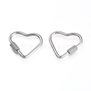 304 Stainless Steel Screw Carabiner Lock Charms, for Necklaces Making, Heart, Stainless Steel Color, 22x24.5x4mm, Screw: 7x4mm(STAS-K192-02P)