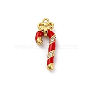 Rack Plating Brass with Cubic Zirconia Pendants, with Enamel, Long-Lasting Plated, Lead Free & Cadmium Free, Candy Canes Charms, Real 18K Gold Plated, 21.5x8x3.5mm, Hole: 1.2mm(KK-Q010-12G)