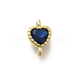 Heart Brass Cubic Zirconia Connector Charms, Real 18k Gold Plated, Lead Free & Cadmium Free, Long-Lasting Plated, Rack Plating, Dark Blue, 9x5x2mm, Hole: 1mm(KK-P295-34G-04)