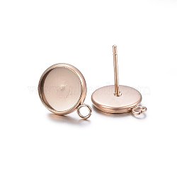 Ion Plating(IP) 304 Stainless Steel Stud Earring Settings, with Loop, Flat Round, Rose Gold, Tray: 10mm, 14.5x12x2mm, Hole: 1.8mm, Pin: 0.8mm(STAS-H467-08RG-12mm)