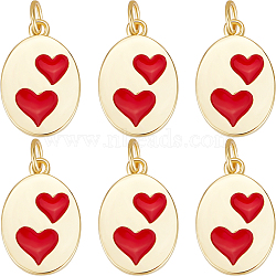 Real 18K Gold Plated Brass Charms, with Enamel and Jump Rings, Long-Lasting Plated, Oval with Heart, Red, 15.3x10.3x1.5mm, Hole: 3mm, 6pcs/box(KK-BBC0012-35)