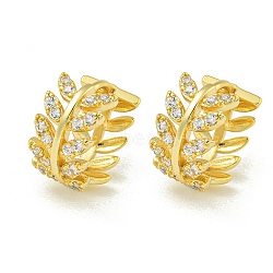 Brass Hoop Earrings, with Clear Cubic Zirconia, Leaf, Golden, 13x8mm(EJEW-C112-04G)