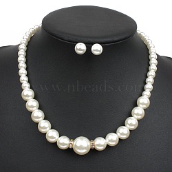 Alloy with ABS Plastic Pearl Round Beaded Necklaces & Stud Earrings Sets for Women, Golden, 455mm(WG13E8D-02)