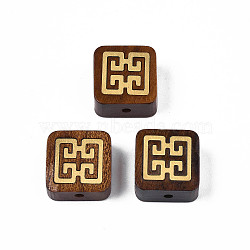 Natural Rosewood Undyed Beads, with Raw(Unplated) Brass Slices, Square, Saddle Brown, 14.5x14x7.5mm, Hole: 1.8mm(WOOD-N013-015)