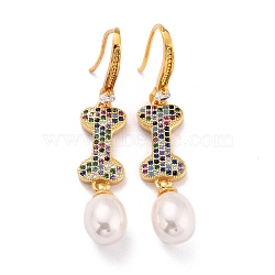 Bone with Imitation Pearl Beads Sparkling Cubic Zirconia Dangle Earrings for Her, Real 18K Gold Plated Brass Earrings, Colorful, 49mm, Pin: 0.9mm(ZIRC-C025-29G)