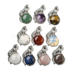 Natural & Synthetic Mixed Gemstone Half Round Pendants, Rack Plating Brass Leopard Charms, Platinum, Cadmium Free & Lead Free, Mixed Dyed and Undyed, 42x27x7.5mm, Hole: 3x5mm(G-F766-06AS)