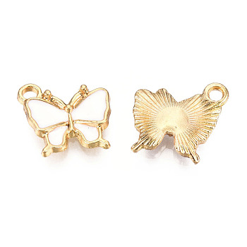 Light Gold Plated Alloy Charms, with Enamel, Butterfly, White, 13x13.5x2.5mm, Hole: 1.8mm