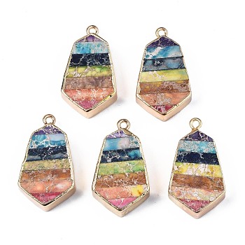 Rainbow Color Natural Imperial Jasper Pendants, with Golden Iron Loop and Edge, Dyed, Quadrangle, 30~31x17x6~7mm, Hole: 1.6mm